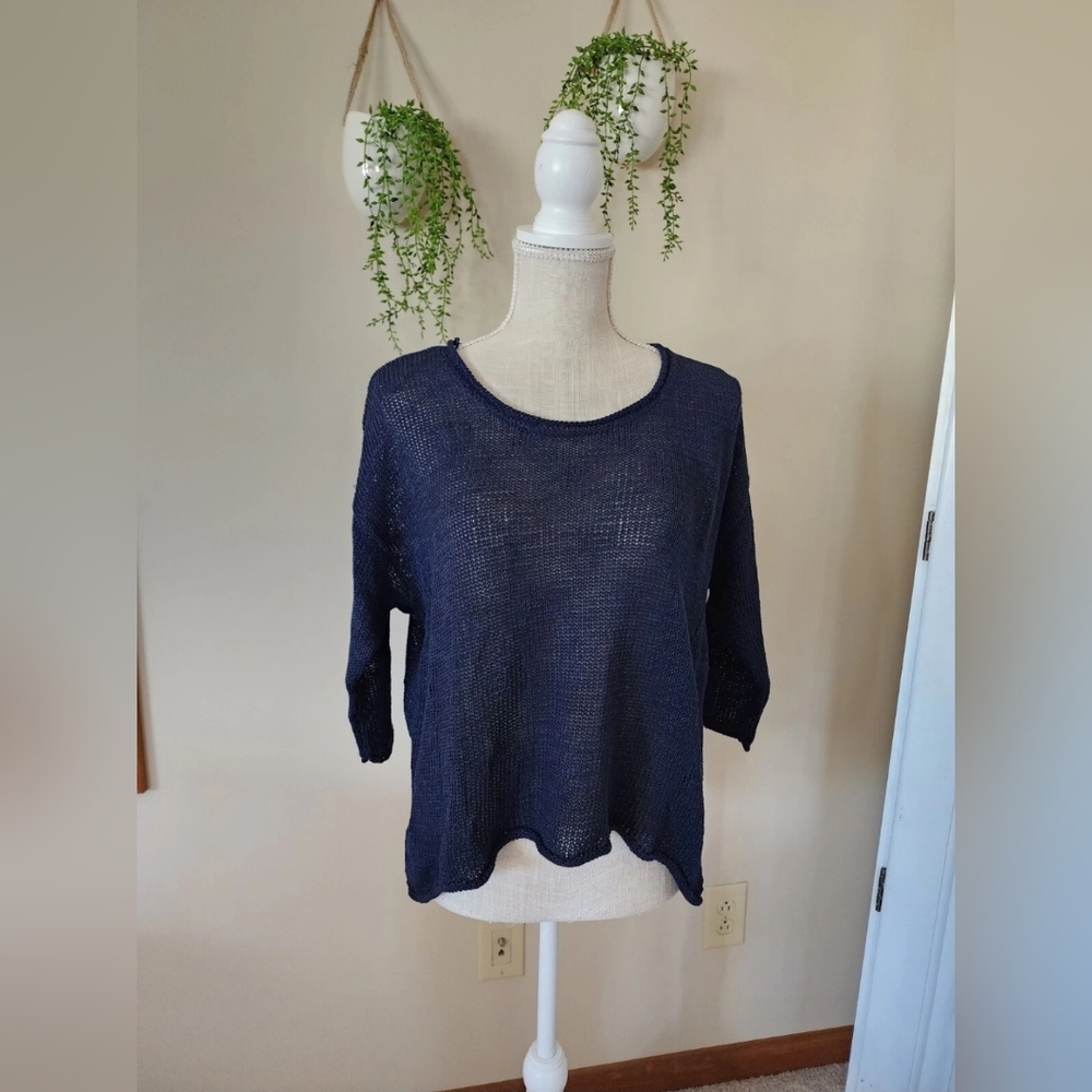 NEW Jana size MEDIUM Open Knit blue 3/4 Sleeve cotton Blend Womens Sweater Top